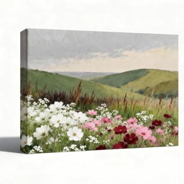 Imagem de Arte de parede em tela de pintura a óleo de prado de flores silvestres, paisagem colorida de campo de papoula e margarida, decoração de natureza country impressionista para sala de estar, quarto, 20 x