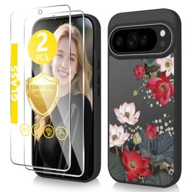 Imagem de Govmeie Capa para Google Pixel 9 Pro XL com protetor de tela de vidro temperado fino TPU e PC rígido, capa com estampa floral transparente para meninas e mulheres - Lris/roxo claro