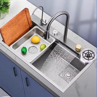 Imagem de Pia de cozinha de aço inoxidável 304, pia de cozinha em cascata, pia de cozinha de estação de trabalho com acessórios, com torneira removível de chuva voadora, arruela de copo pressurizada (75 cm/29,5