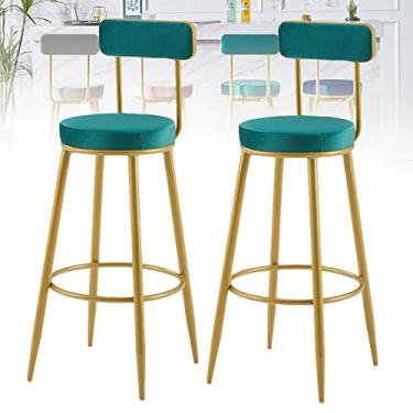 Imagem de Conjunto de 2 bancos de bar para cozinha, cadeiras de bar com altura de 65 cm com encosto alto, bancos de veludo para cozinha com pernas de metal dourado