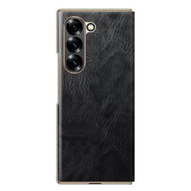 Imagem de Capa flip para Samsung Galaxy Z Fold 6, capa de couro genuíno retrô com moldura galvanizada à prova de choque