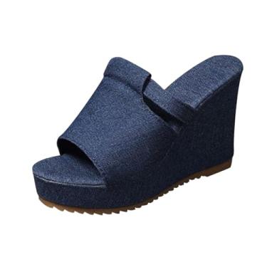 Imagem de Pantufas femininas de bico aberto com sola grossa à prova d'água para primavera verão casual, Azul royal, 35
