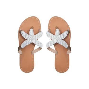 Imagem de Floerns Sandália feminina de estrela do mar com contas e bico aberto, sandália de verão e férias na praia, Branco, 37