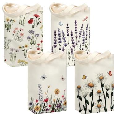 Imagem de Weewooday 4 bolsas de coelhinho de lona de Páscoa, reutilizáveis, com alças, cestas de presente de doces de primavera para crianças, meninos, meninas, caça ao ovo (cor mista, flor)