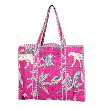 Imagem de Bolsa feminina acolchoada de algodão | Bolsa de ombro leve com bolso interno, rosa, Large, Sacola com estampa acolchoada