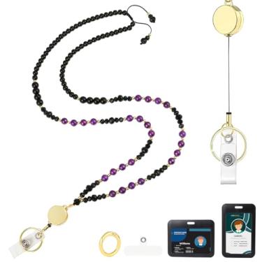 Imagem de AIDSOTOU Cordões para crachás de identificação e chaves, cordão de professor com contas de pedra natural para mulheres, cordão retrátil com porta-identidade, cordões fofos para professores (roxo)