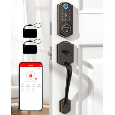 Imagem de Conjunto de maçanetas de porta inteligente - Conjunto de fechadura de porta frontal SMONET sem chave, entrada sem chave, teclado Bluetooth Alexa, fechadura de fechadura bronze polido a óleo