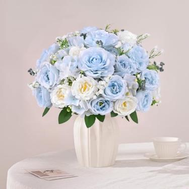 Imagem de Yastouay 4 buquês de flores artificiais de peônias, peônias falsas mistas de azul claro e branco com flor grande, buquê de peônia sintética de seda para centros de mesa de casamento, mesa, vaso e
