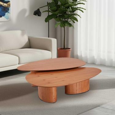 Imagem de Conjunto Com 2 Mesas De Centro Redonda Sala De Estar 120cm Ecos Base Madeira Maciça Mel