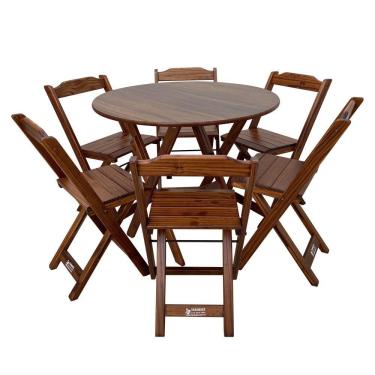 Imagem de Mesa Dobrável De Madeira Redonda 90cm Com 6 Cadeiras Imbuia Cor: Marrom