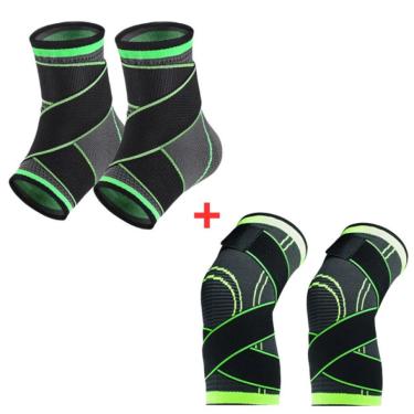Imagem de Kit Par Tornozeleira Ortopédica Ajustável + Par Joelheira Protetora Articulada faixa ajustável Flexível
