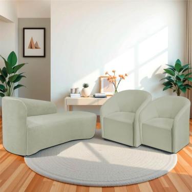 Imagem de Kit Sofá Curvo França 160cm Ld. E 2 Poltronas Luiza Max Conforto, Elegância E Design Moderno Bouclé Verde Oliva
