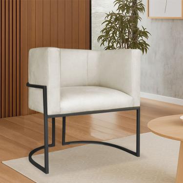 Imagem de Poltrona Dália Luxo Moderna Estofada Design Sofisticado Com Base De Ferro Preto Linho Bege