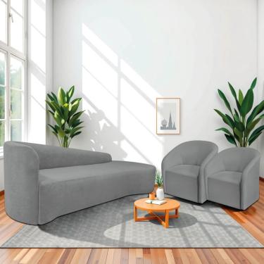Imagem de Kit Sofá Curvo França 220cm Ld. E 2 Poltronas Luiza Max Conforto, Elegância E Design Moderno Bouclé Cinza