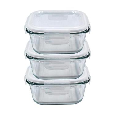 Imagem de Kit 3 Potes Vidro Hermético 320ml Marmita Tampa Trava Forno Quadrado M