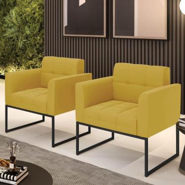 Imagem de Kit 2 Poltronas Elisa Sala Decorativa Base Industrial Veludo Mostarda Preto D`Rossi