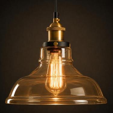 Imagem de Luminária Lustre Pendente Teto 28x23cm Vidro Âmbar Chapéu Industrial R