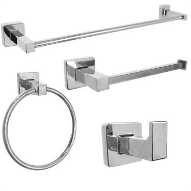 Imagem de Kit Jogo De Banheiro Cromado Metal Inox Quadrado Acessórios 4 Pç Supor