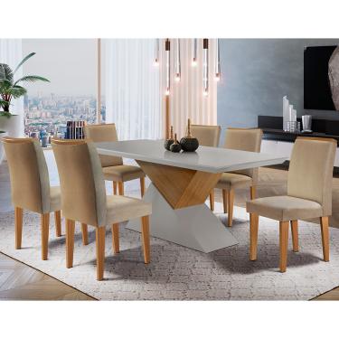 Imagem de Mesa Aster 180 Tampo em MDF Canto Reto com 6 Cadeiras Lunara Moderna - Turim / Off White / Imbuia