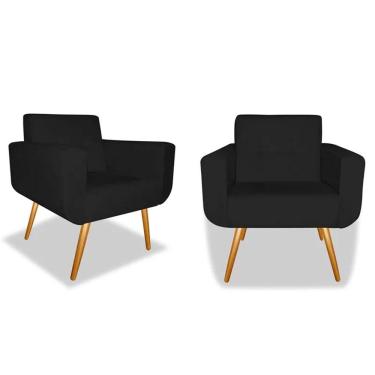 Imagem de Kit 02 Poltronas Decorativa Anitta Pés Madeira Corano Preto