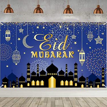 Imagem de Grande decoração de festa Eid Mubarak, banner de fundo azul e dourado Ramadan Mubarak, banner muçulmano Ramadan Photo Booth para decoração de casa interna e externa