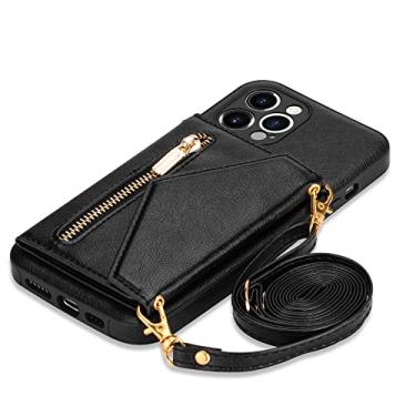 Imagem de Carteira com Zíper para iPhone 14 13 12 Mini 11 X XR XS Pro Max 7 8 Plus Estojo com Alça para Cartão Alça Crossbody Capa de Couro, Preto, Para iPhone 14 Plus