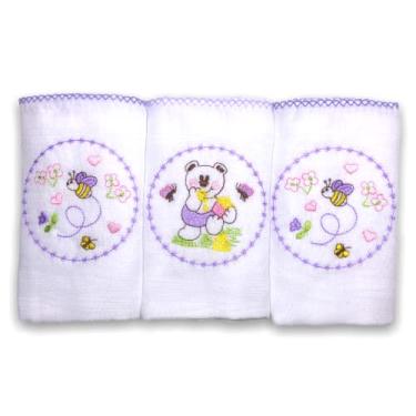 Imagem de Kit 3 Fraldas De Pano para Bebê Bordada Jardim Lilás (Abelha e Ursinho)