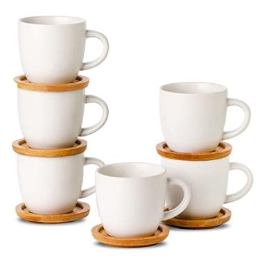 Imagem de Hasense Conjunto de 6 xícaras e pires de café expresso de 85 g, xícaras Demitasse com alça para bebidas de café, latte, cappuccino, café mocha e chá, xícaras de café de porcelana para cafeteria em