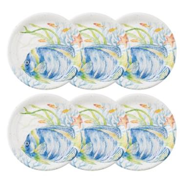 Imagem de UP Conjunto de pratos de salada de melamina de peixe serenata Sea Life, pratos redondos para risoto, macarrão e salada, livre de BPA, pode ser lavado na lava-louças, azul, 23 cm, conjunto de 6