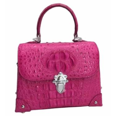 Imagem de Bolsa feminina de couro de crocodilo genuíno Fashion CHIC Designer pequena de ameixa pele de jacaré real feminina, Rosa choque, 22cm(Length) x 17cm(Height) x 10cm(Deep)