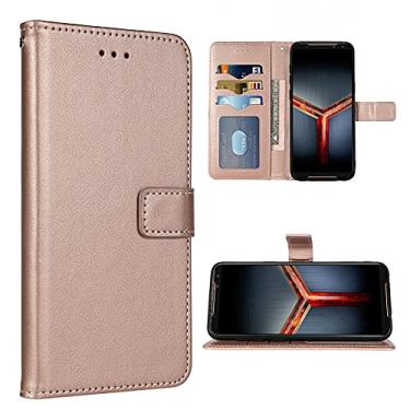 Imagem de FDCWTSH Compatível com Asus ROG Phone 3 Capa carteira com alça de pulso de couro com suporte para cartão, acessórios para celular, capa para telefone ROG Phone3 III Strix, mulheres, homens, ouro rosa