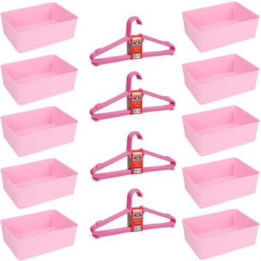Imagem de Kit 10 Cestos Multiuso e 20 Cabides Infantil Reforçado Rosa - 123 Orga