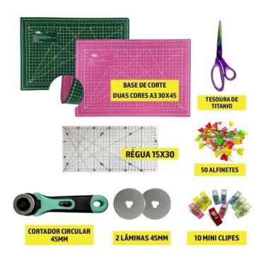 Imagem de Base Corte Rosa Verde Cortador 45mm + 2 Laminas Régua 15x30 Tesoura de
