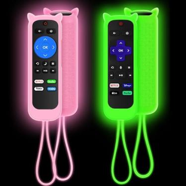 Imagem de Pacote com 2 capas para controle remoto Roku, capa para Hisense/TCL Roku TV Steaming Stick/Express, protetor de silicone, capa de substituição universal, capa que brilha no escuro rosa verde