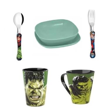 Imagem de Conjunto HULK Faqueiro 2 peças  Avengers Copo Caneca Pratos - Simonagg