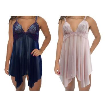 Imagem de Kit 2 Camisolas e Calcinha Tule Renda Acerola Bombom, Preto com vermel