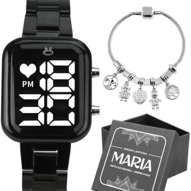 Imagem de Relogio Digital Feminino Preto + Pulseira Pandora + Caixa