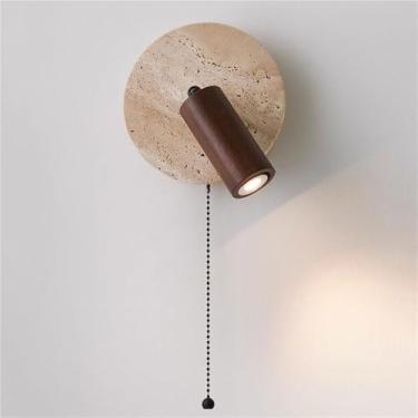 Imagem de Luminária de parede de madeira giratória em pedra natural com interruptor de puxar e soquete E27, arandela de travertino, lâmpada nórdica para interior, quarto, sala de estar, corredor