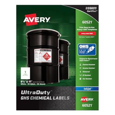 Imagem de Avery Etiquetas químicas GHS Ultra Duty para impressoras a jato de tinta pigmentada, à prova d'água, resistente a UV, 21 x 28 cm (60521)