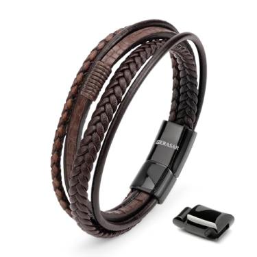 Imagem de SERASAR | Pulseira masculina premium em couro genuíno preto e marrom | Fecho magnético de aço inoxidável | Caixa de joias incluída | Ótima ideia de presente, 20cm, Couro, Sem Pedra Preciosa