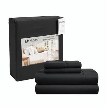 Imagem de CHATEAU HOME COLLECTION Lençóis King de Algodão Orgânico – Lençóis de Cama 100% Preto Orgânico, Lençol com Elástico com Bolso Profundo, Refrigerante e Respirável, Tecido Cetim para Colchões de até 43