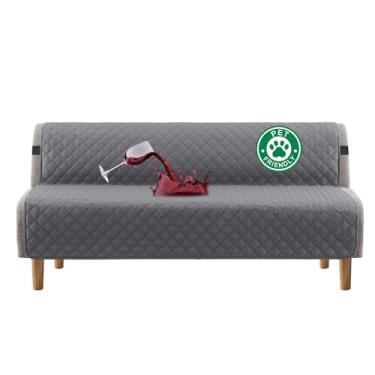 Imagem de Capa de futon 100% à prova d'água Turquoize, lavável, sem braços, para sofá-cama, com largura de até 178 cm, com alça elástica ajustável, antiderrapante para cães, cinza
