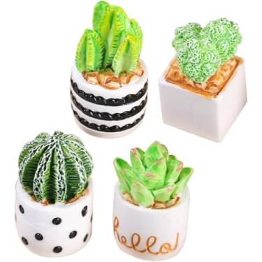 Imagem de 4 peças de mini enfeites de resina suculenta de cacto - conjunto de vasos de flores com figuras fofas de painel de carro - jardim de fadas, decoração de bolos de aniversário, kit de paisagem de