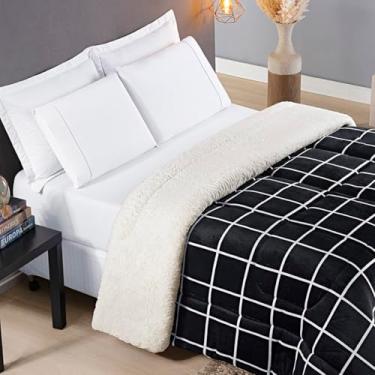 Imagem de Coberdrom Casal Queen Manta Flannel Edredom Pele de Carneiro Cobertor Macio (Preto Xadrez)