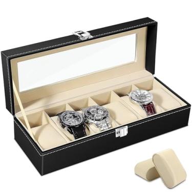Imagem de Caixa Organizadora para Relógios com 6 Compartimentos, Couro Sintético, Tampa de Vidro e Fecho Metálico – Design Sofisticado e Elegante