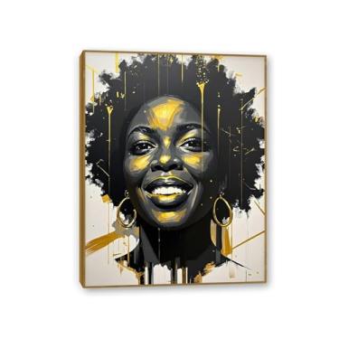 Imagem de Arte de parede de mulher negra arte de parede afro-americana preta e dourada emoldurada em tela de retrato feminino arte preta decoração de parede 40 x 30 cm (16 x 12 pol) moldura de teca