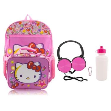 Imagem de Mochila Sanrio Hello Kitty com lancheira para crianças | Lancheira isolada para meninas, meninos e crianças | Mochila para escola e lancheira reutilizável com fones de ouvido e garrafa de água