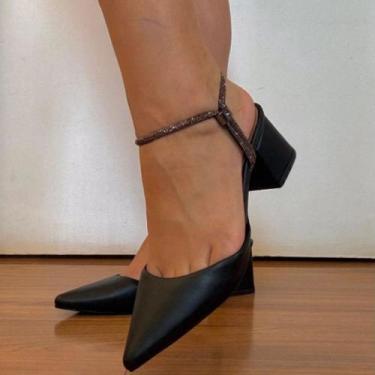 Imagem de Scarpin Feminino Bico Fino Salto Grosso 5cm Ajustável Strass Sola em G