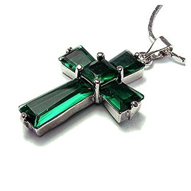 Imagem de RIZILIA Pingente De Cruz Com Corrente 18" E Corte Quadrado Trapezoidal Cz [Esmeralda Verde Simulada] Banhado A Ouro Branco, Simples, Moderno Elegante