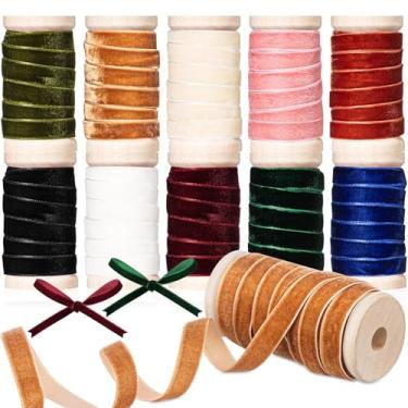 Imagem de Chuangdi 10 rolos de fita de veludo esmagado a granel de 10 rolos de rolo de fita de tecido de veludo para decoração de guirlanda de Natal, enfeites de artesanato, laços de embrulho de presente de